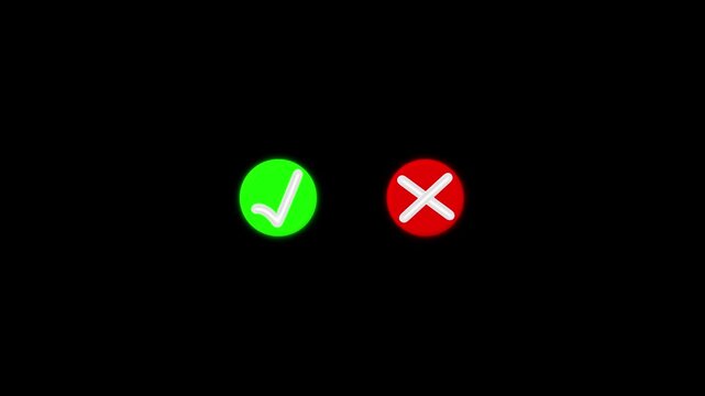 Animated check mark and cross mark icon animation on black background showing right and wrong decisions for user interface design elements and interactive feedback graphics.