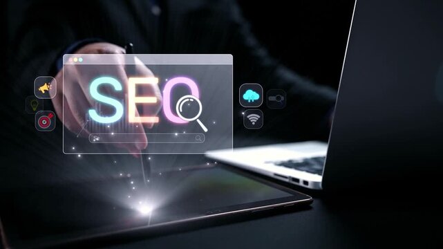 SEO concept for improving SEO visibility, with SEO related digital tools and SEO performance icons shown in an focused layout for strategic marketing. Elide