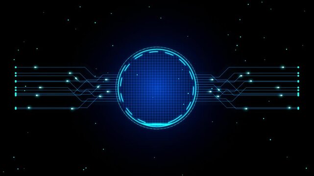 Futuristic digital circuit background with glowing blue grid circle and data scanning line, illustrating advanced technology and network connectivity