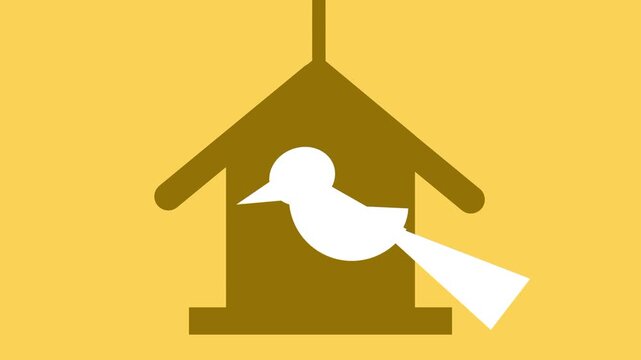 a wooden birdhouse with a small white bird gently blowing wind on a warm yellow background for spring themed motion design