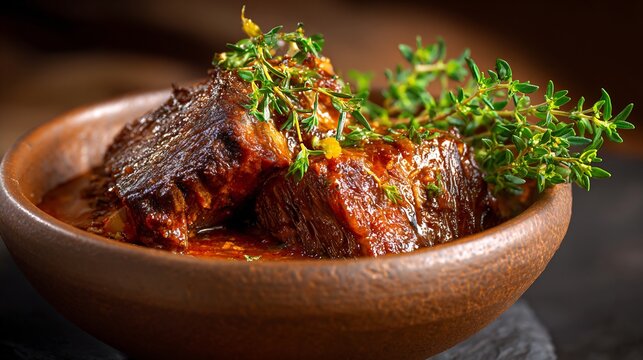 Tender braised beef chunks in a rich red wine sauce served in a traditional brown clay bowl
