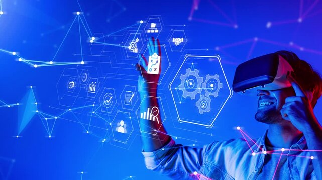 Enthusiastic man uses virtual reality headset, interacting with vibrant digital icons and data patterns, showcasing immersive technology vibes and innovation in a digital space. Raster