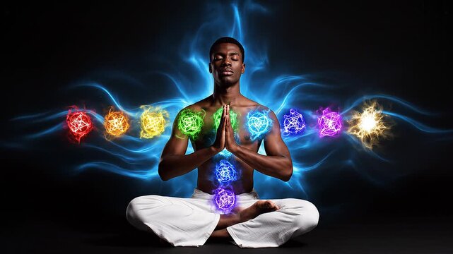 Meditating Human Body with Glowing Seven Chakras and Blue Energy Aura, Lotus Pose &mdash; Spiritual Healing Animation