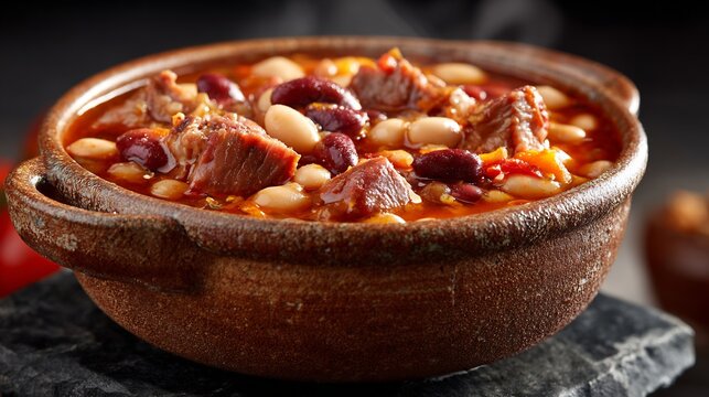 Hearty bean and meat stew in a rustic clay pot with rich tomato sauce and mixed beans
