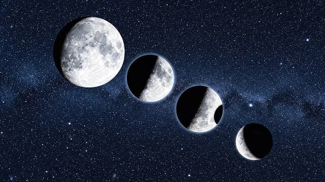 Four Phases of the Moon Waning Sequence on Deep Blue Starry Night Sky &mdash; Celestial Space Video