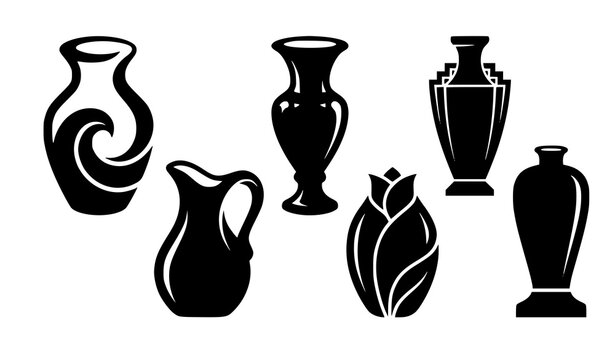 Organic and ceremonial vessel silhouette logo set with wave amphora pitcher urn vase and ritual container black vector symbols