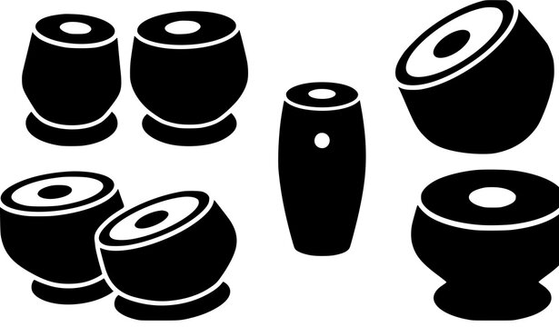 Minimal Indian tabla drum silhouette icons for classical percussion music schools cultural festivals concerts and traditional vector artwork