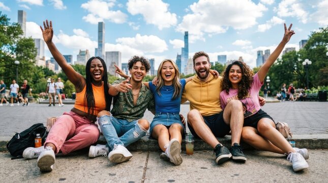 Five young adults sit together on a stone ledge in a park, raising their hands in celebration. They are smiling and laughing, enjoying a sunny day in New York City.