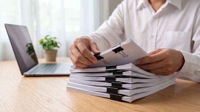 Office worker organizing and handling a large stack of important business documents at a wooden desk