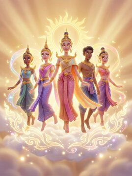 Divine Thai celestial beings or angels floating on clouds with glowing aura in traditional costume