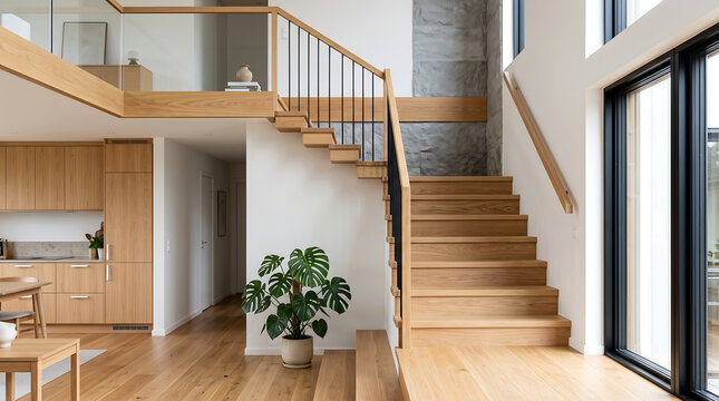 Modern wooden staircase with lush green potted plant in a bright, contemporary home interior