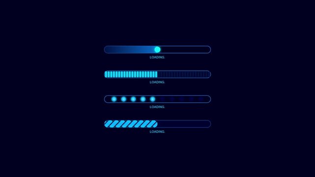 Futuristic neon blue loading bars animating on dark digital technology screen