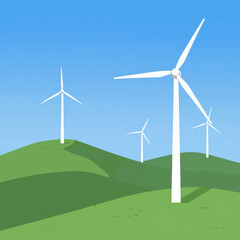 Fototapeta premium Modern white wind turbines standing on rolling green hills under a clear blue sky, representing renewable energy, sustainable technology, and eco-friendly environmental power solutions