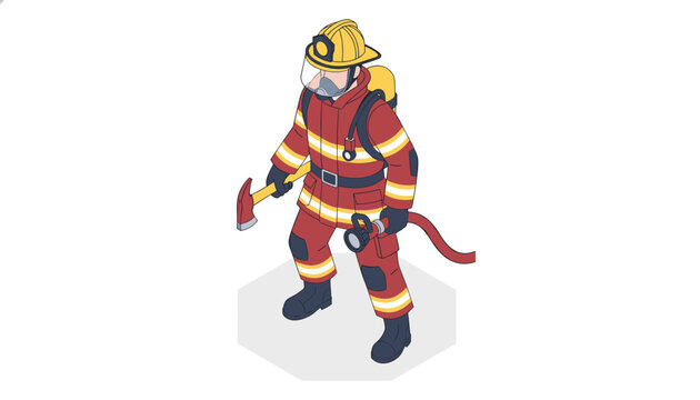 Brave firefighter in full protective uniform holds an axe and a water hose ready for emergency fire rescue.