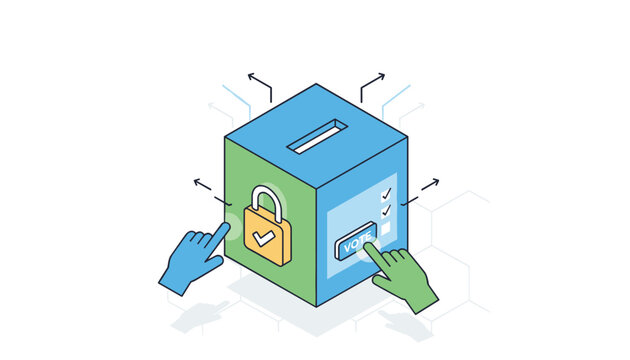 Secure electronic voting box illustration shows hands casting ballots with a lock icon for safe elections.
