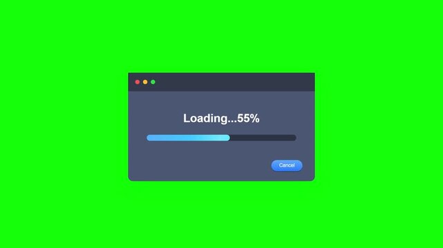 Computer loading window animation with progress bar and percent counter on green screen