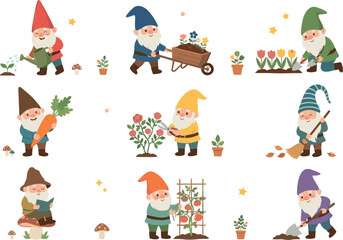 Naklejka premium Cute Garden Gnome Vector Set with Characters Gardening, Watering Plants, Digging Soil, Harvesting Vegetables, and Planting Flowers for Spring Clip Art Designs