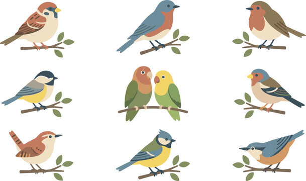 Cute Garden Bird Icon Set with Sparrow Robin Bluebird Lovebirds and Finch Perched on Tree Branches for Nature and Wildlife Designs Vector Illustration