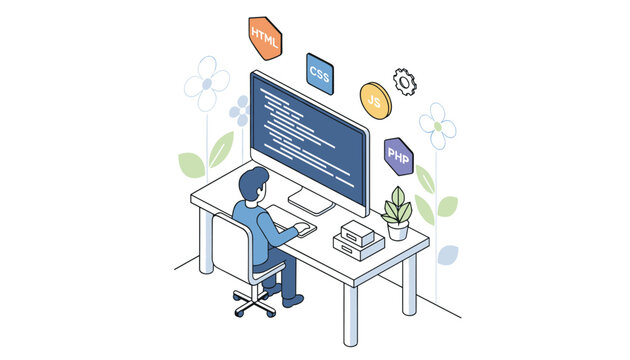 Software developer working at his desk on a computer surrounded by icons of various web programming languages.