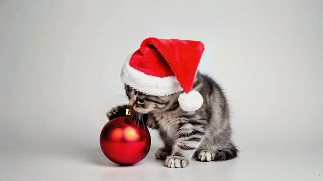Christmas cat. Adorable Gray Kitten Wearing Santa Hat with Red Christmas Ornament in Festive Holiday Setting. Video made using Generative AI.