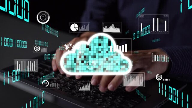 A close-up view of hands typing on a laptop keyboard, surrounded by glowing cloud icons and digital graphics, illustrating modern data analysis and cloud technology concepts. Xenic