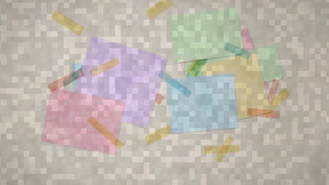 Creative scrapbook animation of pastel paper notes and colorful washi tape pieces moving on textured background