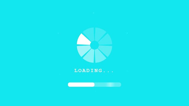 Cyan digital loading progress bar with a rotating pie chart animation