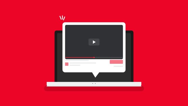 Modern laptop computer displaying an online video player window on a vibrant red background