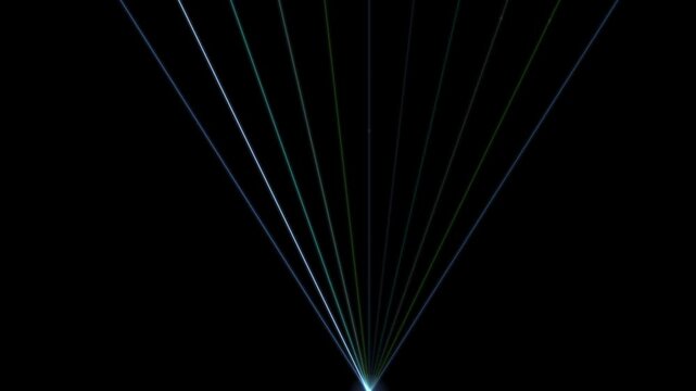 Radiant blue, green, and purple light beams converge upward from a glowing focal point against a deep black background.