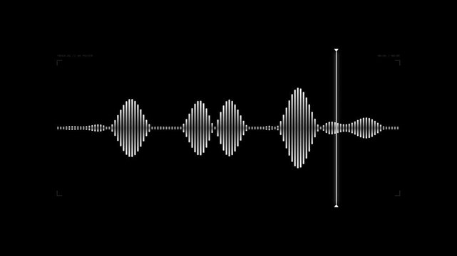 Minimal white audio waveform animation, HUD voice frequency spectrum visualizer with playhead sweep loop 4k