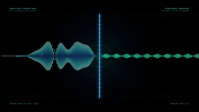 Futuristic audio waveform animation, cyan HUD audio spectrum frequency visualizer with radar scope loop 4k