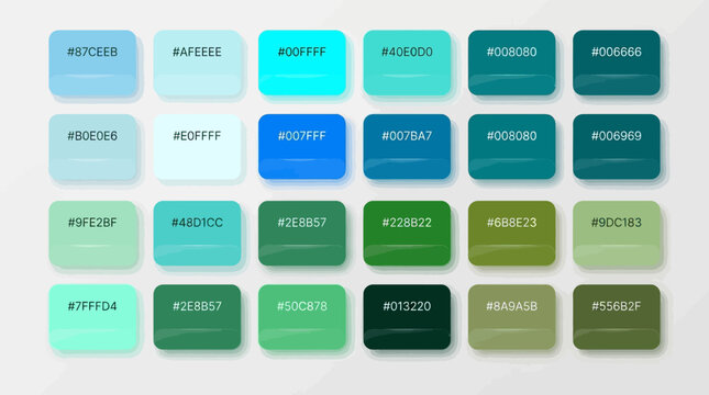 Set of blue and green color swatches with hex codes for design.