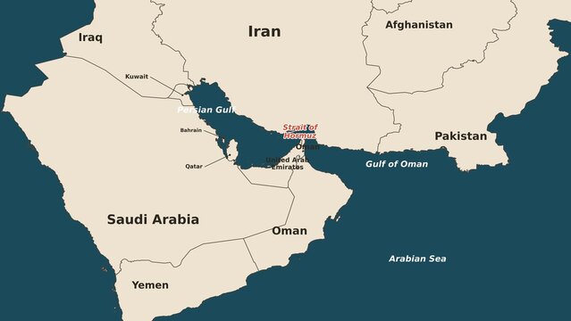 Stylized map of the Middle East, Strait of Hormuz, Persian and Oman Gulfs with borders of countries: Iran, Saudi Arabia, UAE, Iraq, Oman for news, infographics and analytics