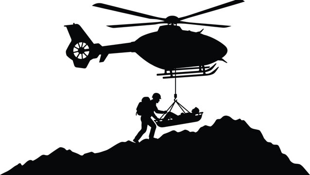 Mountain Rescue Helicopter Silhouette Evacuating Injured Patient on Stretcher with Rescuer on Cliff