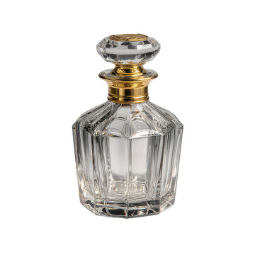 Ornate glass perfume bottle with gold accent and crystal stopper isolated on white