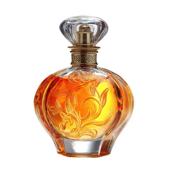 Ornate glass perfume bottle filled with golden liquid during studio lighting