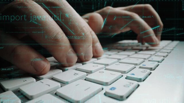 Captured hands typing on a sleek computer keyboard, surrounded by digital coding elements, illustrating the blend of human interaction and technology in modern digital work. Xenic