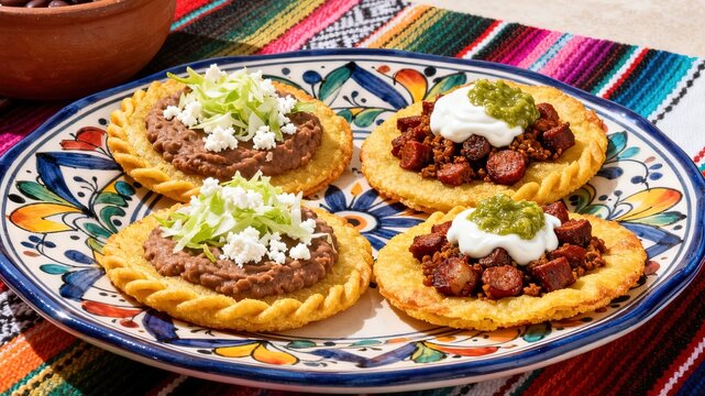 Colorful sopes with chorizo, beans and queso fresco on Talavera plate