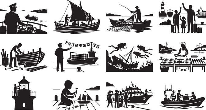 Set of black silhouettes depicting various maritime activities, nautical scenes, sailors, fishing, diving, and harbor life