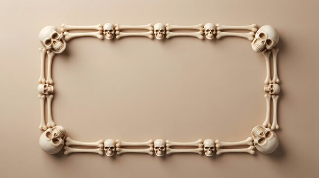 Rectangular frame constructed from human bone fragments against a neutral background