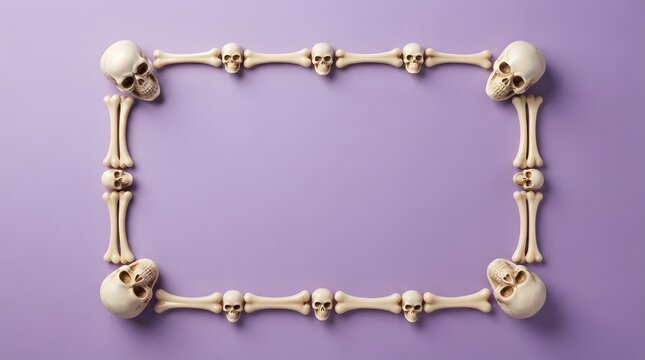 Human skeleton bones arranged in a rectangular frame on a lavender background
