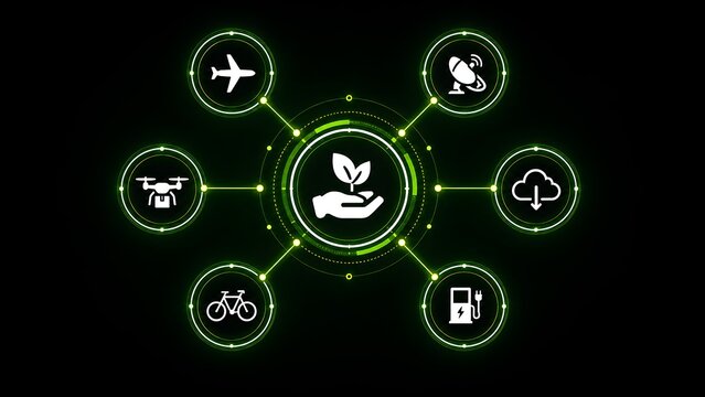 Centralized environmental sustainability network connecting green logistics, smart drone technology, cloud computing, and eco-friendly transportation solutions