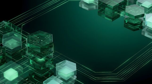 Hexagonal digital network grid with glowing green circuit connections and glass nodes representing secure data structure and future technology