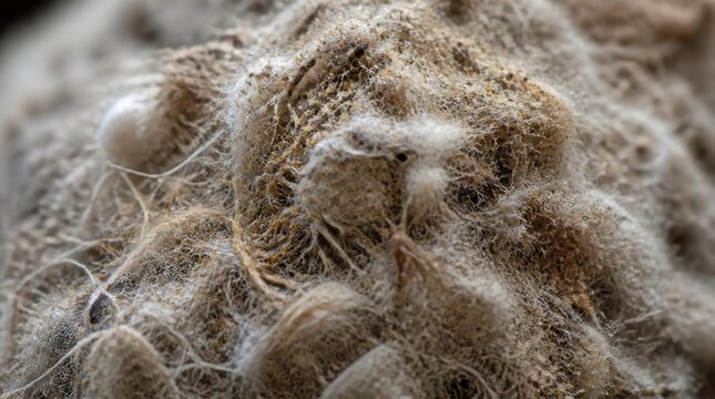 Extreme macro close up of rough organic mold texture and interwoven fungal hyphae network