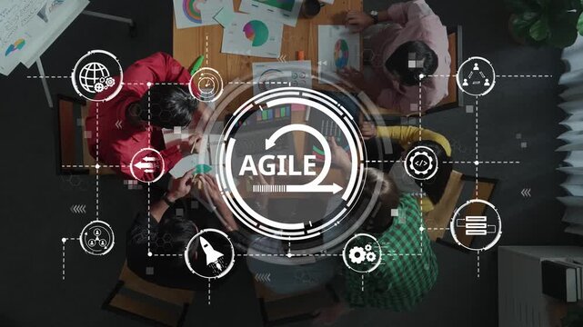 A vibrant and dynamic office scene showcasing a diverse team engaged in agile project management, utilizing digital tools and data visualization to drive innovation and collaboration. Raster