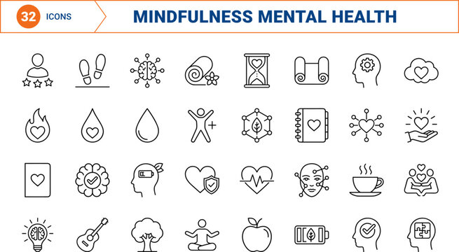 Mental wellness line icon set. Vector pictograms of health, psychology, brain, and heart elements, thin linear illustration.