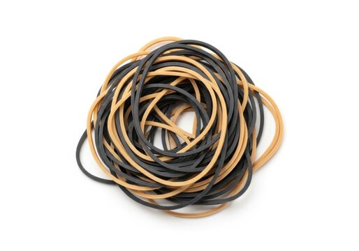 Pile of tan and black rubber bands on a white background