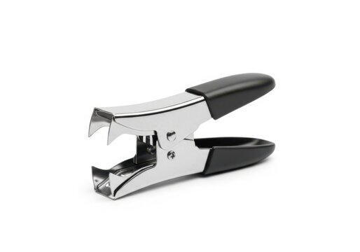 Metal staple remover tool with black handles on white background