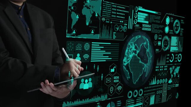 A business professional leverages advanced technology to interact with a digital interface, showcasing global data analysis and innovative communication strategies. Cipher