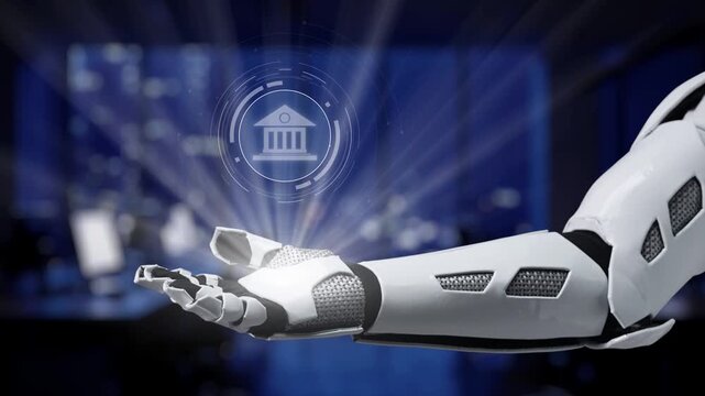 A modern robotic hand interacts with a digital interface showcasing various legal and financial services, symbolizing the integration of technology in today society. Synapse